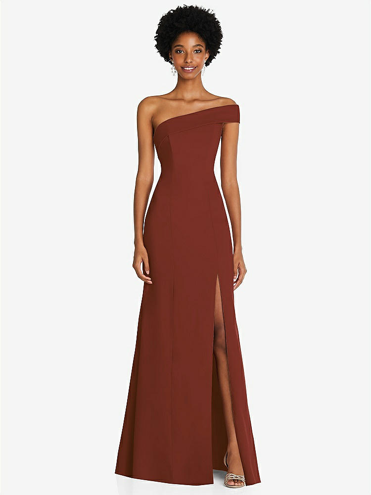 【STYLE: 6858】Asymmetrical Off-the-Shoulder Cuff Trumpet Gown With Front Slit【COLOR: Auburn Moon】