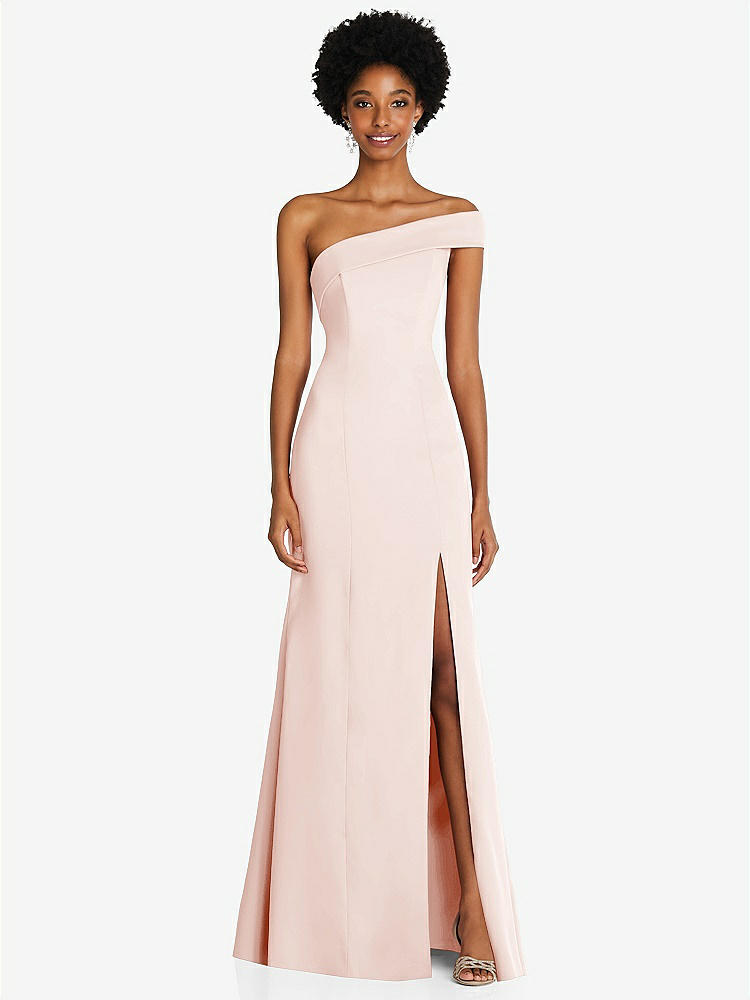 【STYLE: 6858】Asymmetrical Off-the-Shoulder Cuff Trumpet Gown With Front Slit【COLOR: Blush】