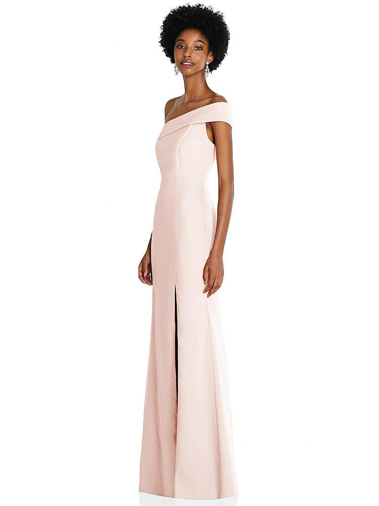 【STYLE: 6858】Asymmetrical Off-the-Shoulder Cuff Trumpet Gown With Front Slit【COLOR: Blush】