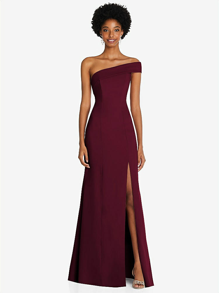 【STYLE: 6858】Asymmetrical Off-the-Shoulder Cuff Trumpet Gown With Front Slit【COLOR: Cabernet】