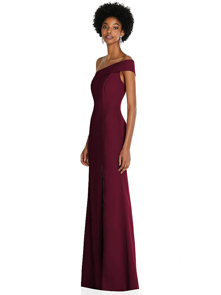 【STYLE: 6858】Asymmetrical Off-the-Shoulder Cuff Trumpet Gown With Front Slit【COLOR: Cabernet】