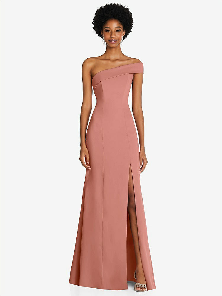 【STYLE: 6858】Asymmetrical Off-the-Shoulder Cuff Trumpet Gown With Front Slit【COLOR: Desert Rose】
