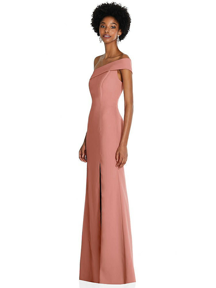 【STYLE: 6858】Asymmetrical Off-the-Shoulder Cuff Trumpet Gown With Front Slit【COLOR: Desert Rose】
