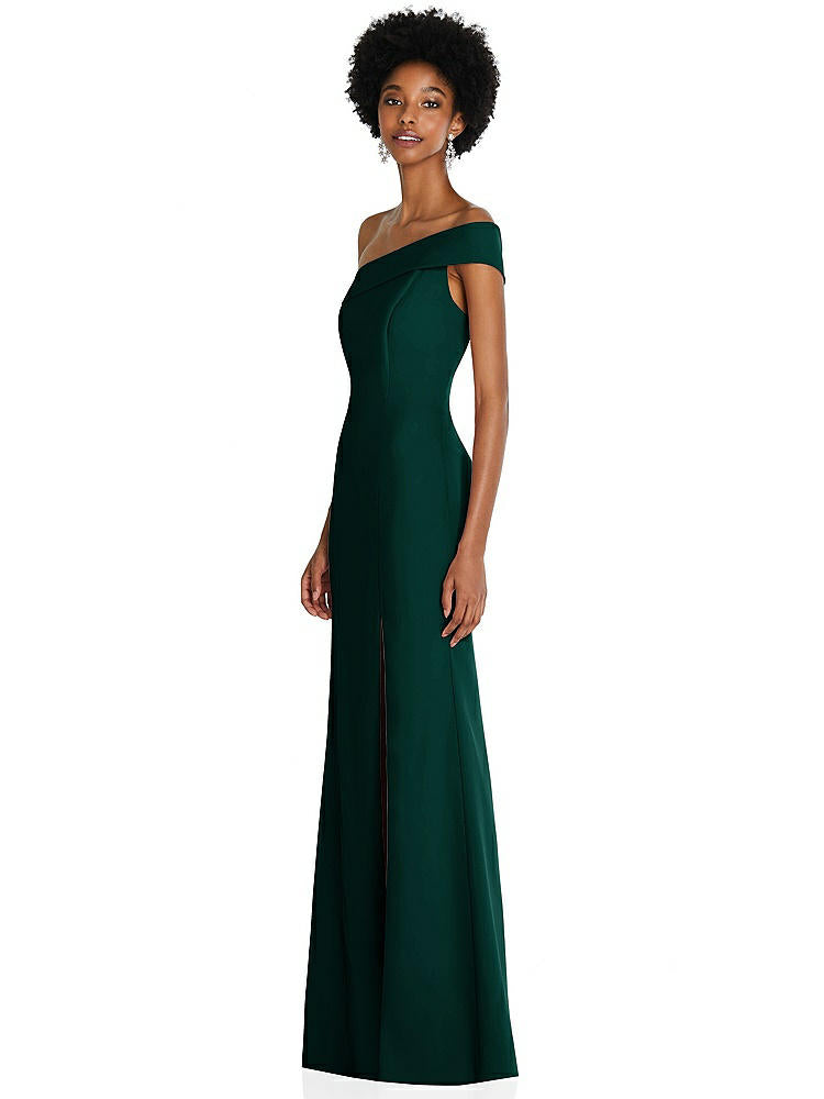 【STYLE: 6858】Asymmetrical Off-the-Shoulder Cuff Trumpet Gown With Front Slit【COLOR: Evergreen】