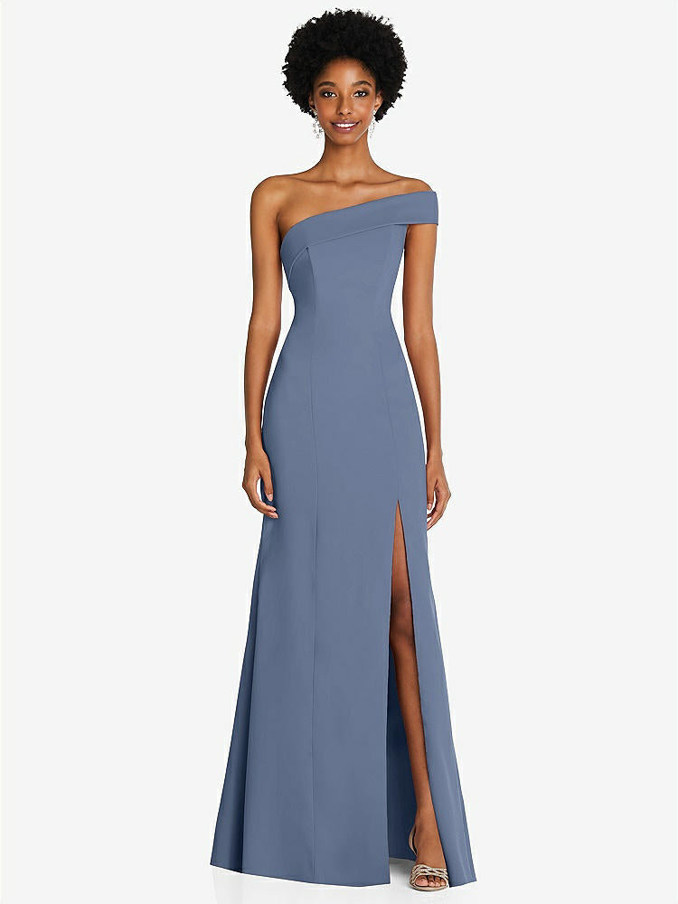 【STYLE: 6858】Asymmetrical Off-the-Shoulder Cuff Trumpet Gown With Front Slit【COLOR: Larkspur Blue】