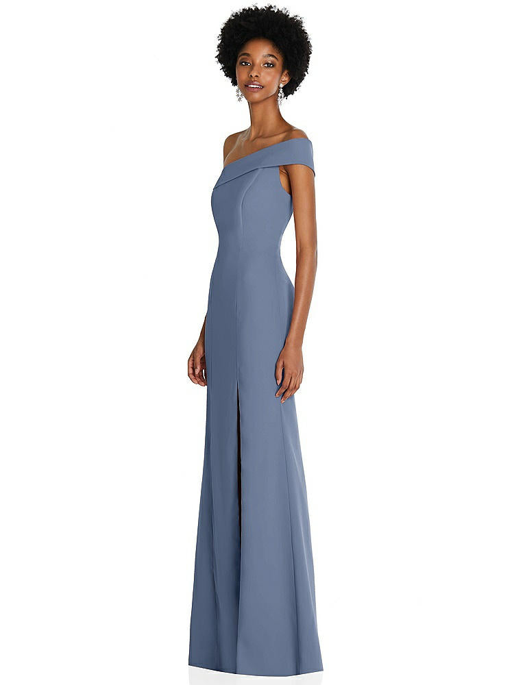 【STYLE: 6858】Asymmetrical Off-the-Shoulder Cuff Trumpet Gown With Front Slit【COLOR: Larkspur Blue】