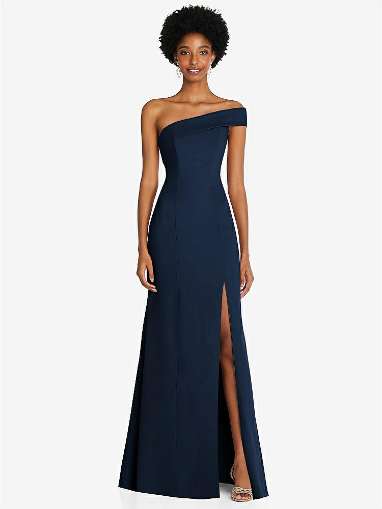 【STYLE: 6858】Asymmetrical Off-the-Shoulder Cuff Trumpet Gown With Front Slit【COLOR: Midnight Navy】
