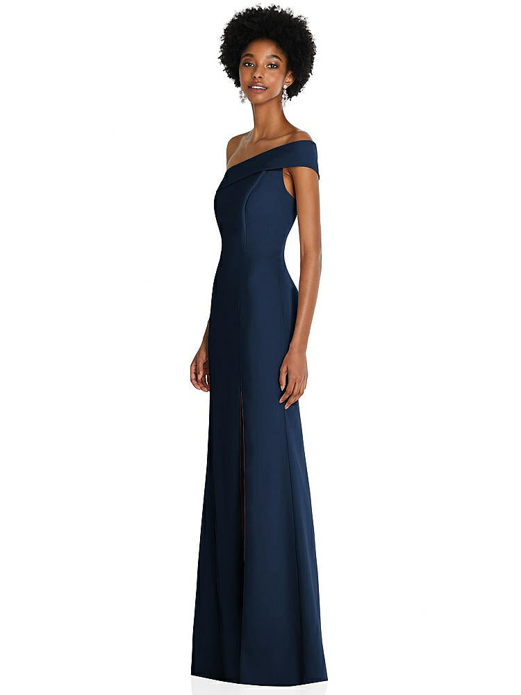 【STYLE: 6858】Asymmetrical Off-the-Shoulder Cuff Trumpet Gown With Front Slit【COLOR: Midnight Navy】