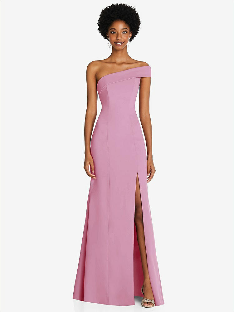 【STYLE: 6858】Asymmetrical Off-the-Shoulder Cuff Trumpet Gown With Front Slit【COLOR: Powder Pink】