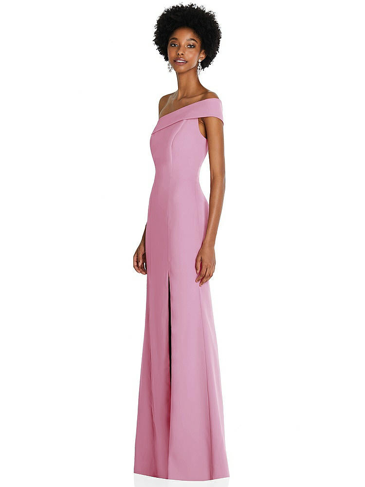 【STYLE: 6858】Asymmetrical Off-the-Shoulder Cuff Trumpet Gown With Front Slit【COLOR: Powder Pink】