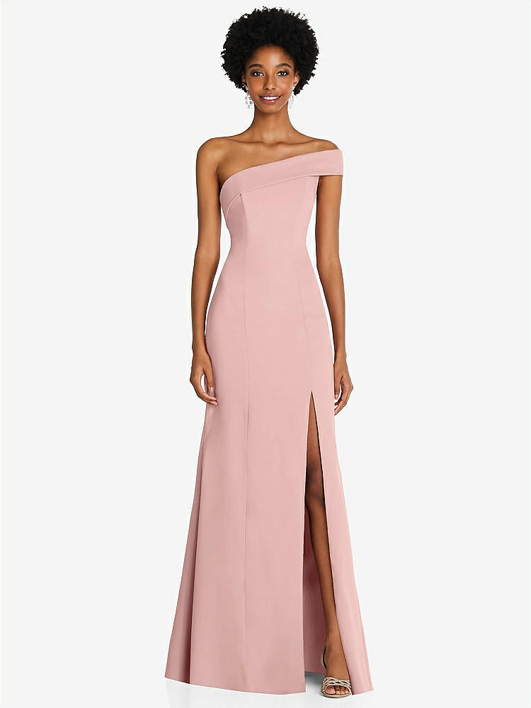 【STYLE: 6858】Asymmetrical Off-the-Shoulder Cuff Trumpet Gown With Front Slit【COLOR: Rose - PANTONE Rose Quartz】