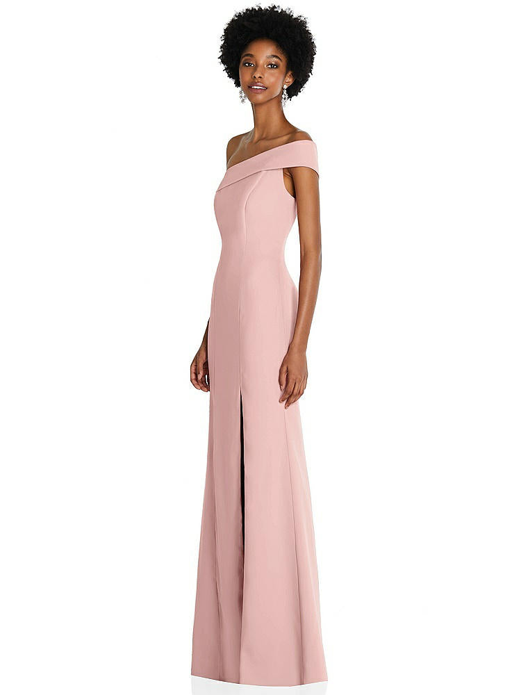 【STYLE: 6858】Asymmetrical Off-the-Shoulder Cuff Trumpet Gown With Front Slit【COLOR: Rose - PANTONE Rose Quartz】