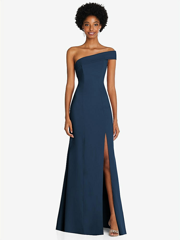 【STYLE: 6858】Asymmetrical Off-the-Shoulder Cuff Trumpet Gown With Front Slit【COLOR: Sofia Blue】