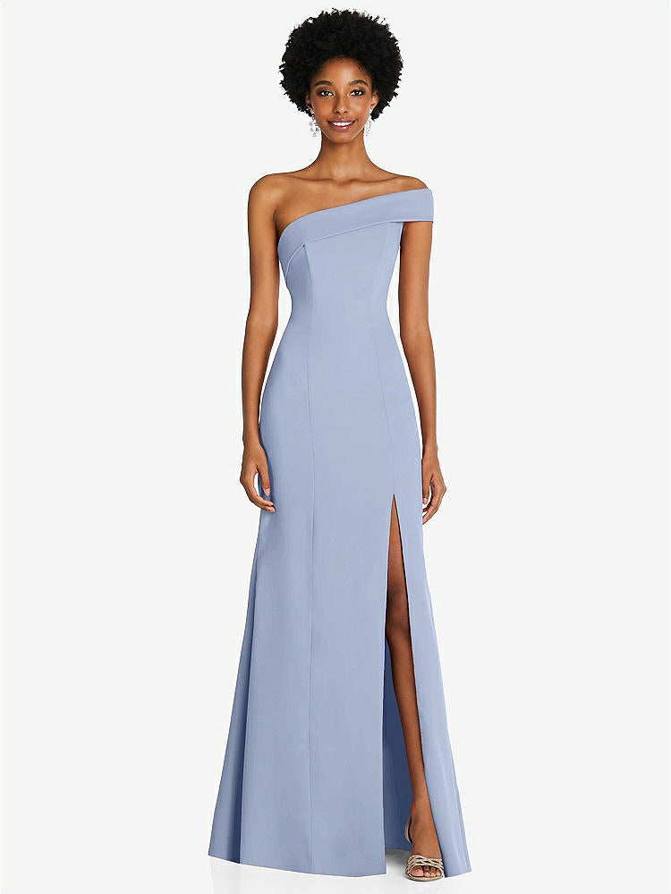 【STYLE: 6858】Asymmetrical Off-the-Shoulder Cuff Trumpet Gown With Front Slit【COLOR: Sky Blue】