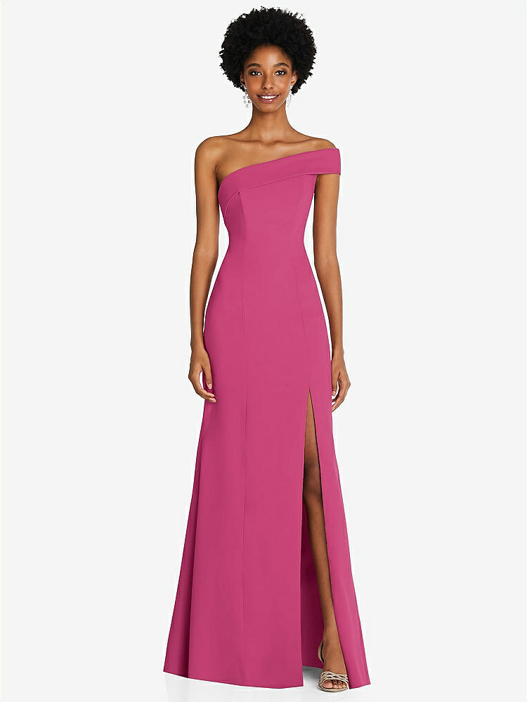 【STYLE: 6858】Asymmetrical Off-the-Shoulder Cuff Trumpet Gown With Front Slit【COLOR: Tea Rose】