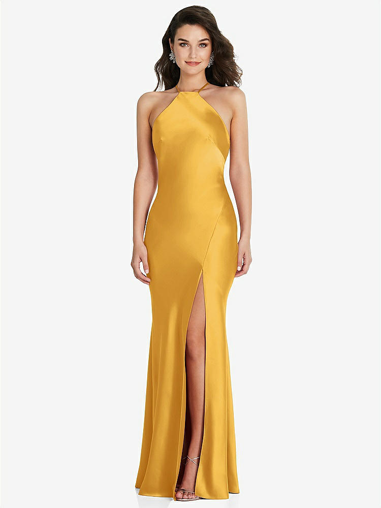 【STYLE: 6853】Halter Convertible Strap Bias Slip Dress With Front Slit【COLOR: NYC Yellow】