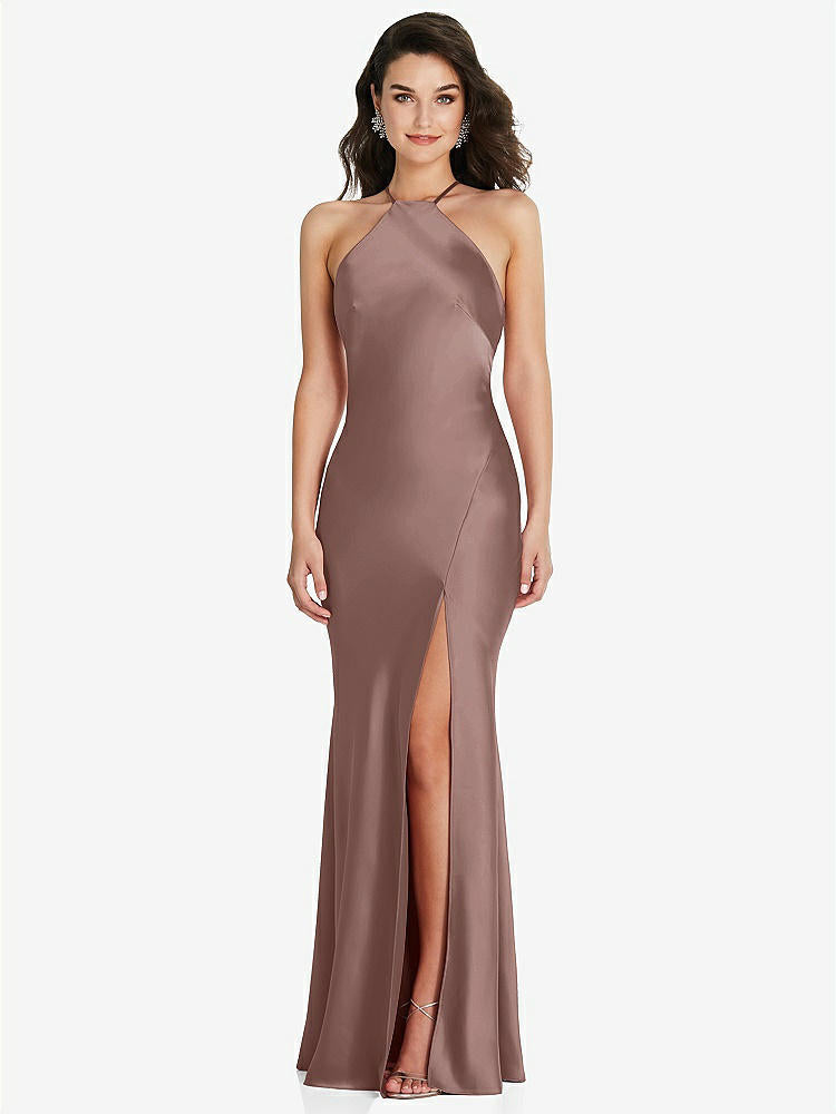 【STYLE: 6853】Halter Convertible Strap Bias Slip Dress With Front Slit【COLOR: Sienna】