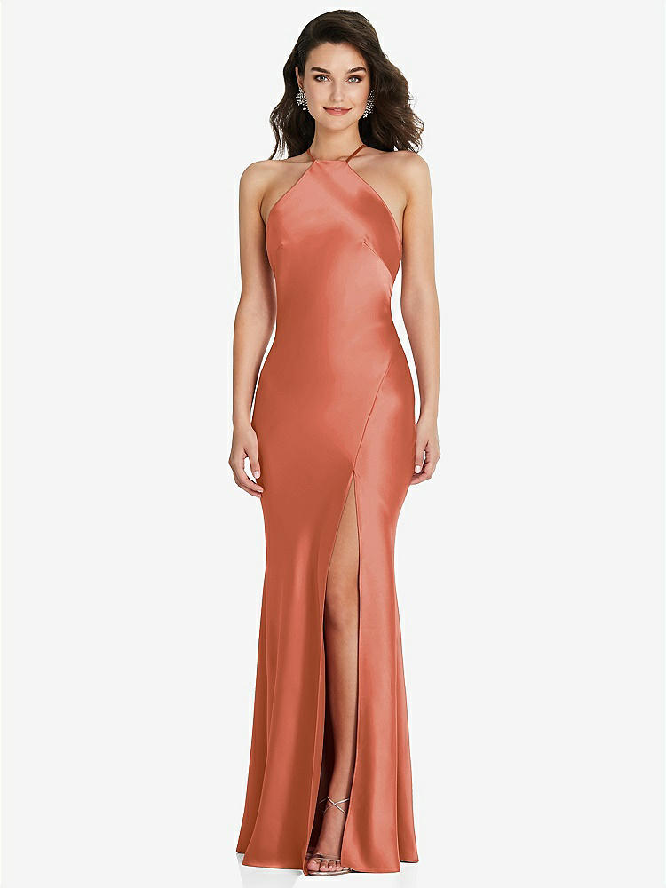 【STYLE: 6853】Halter Convertible Strap Bias Slip Dress With Front Slit【COLOR: Terracotta Copper】