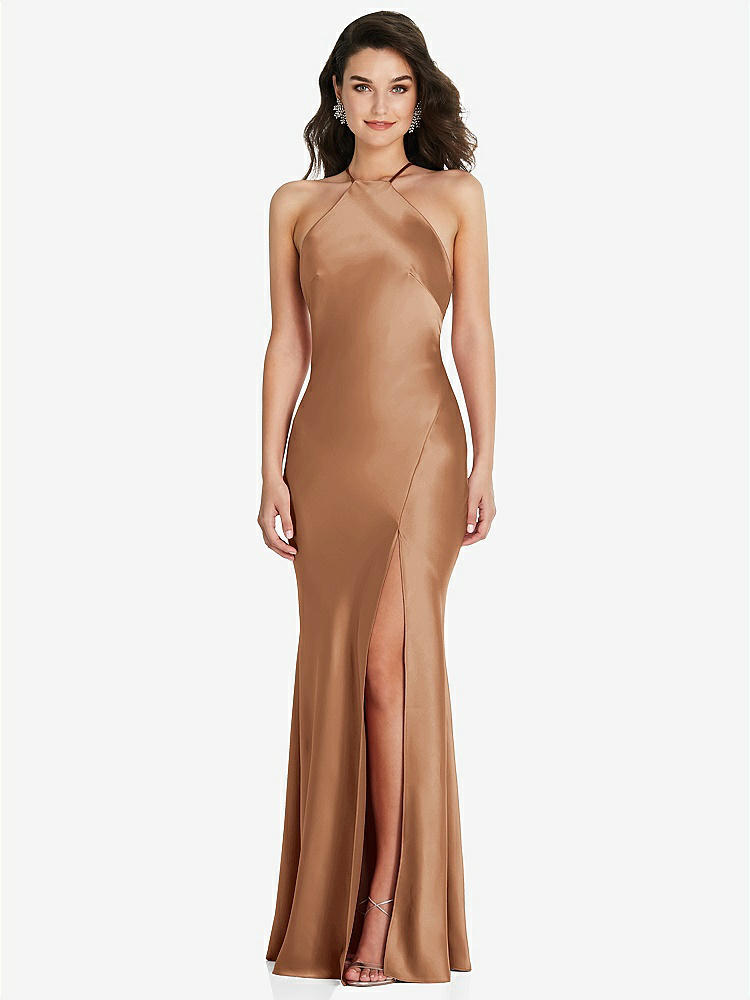 【STYLE: 6853】Halter Convertible Strap Bias Slip Dress With Front Slit【COLOR: Toffee】