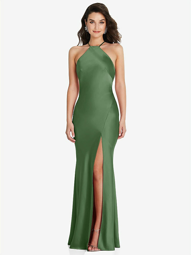 【STYLE: 6853】Halter Convertible Strap Bias Slip Dress With Front Slit【COLOR: Vineyard Green】
