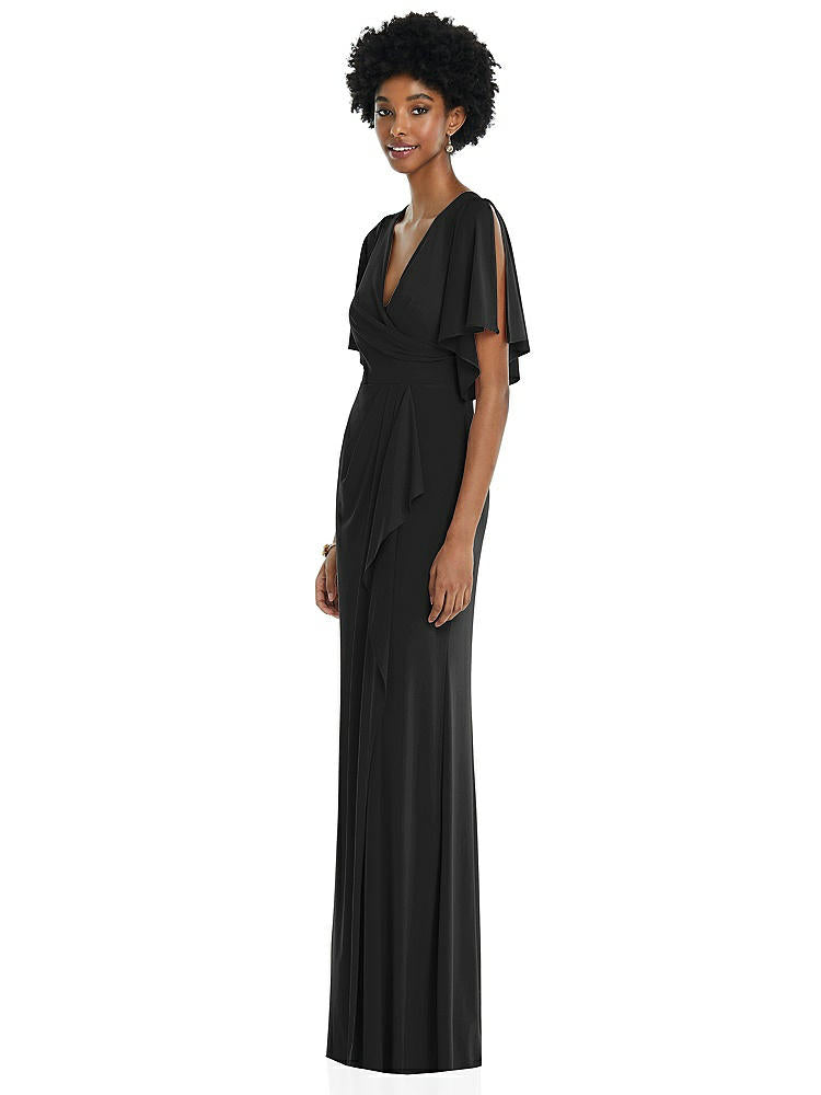 【NEW】【STYLE: 3107】フェイク ラップ スプリット スリーブ マキシ ドレス カスケード スカート【COLOR: Black】【SIZE: 00-30W】