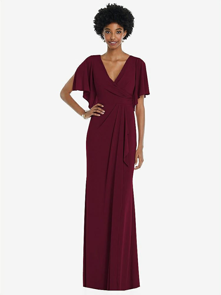 【NEW】【STYLE: 3107】フェイク ラップ スプリット スリーブ マキシ ドレス カスケード スカート【COLOR: Cabernet】【SIZE: 00-30W】