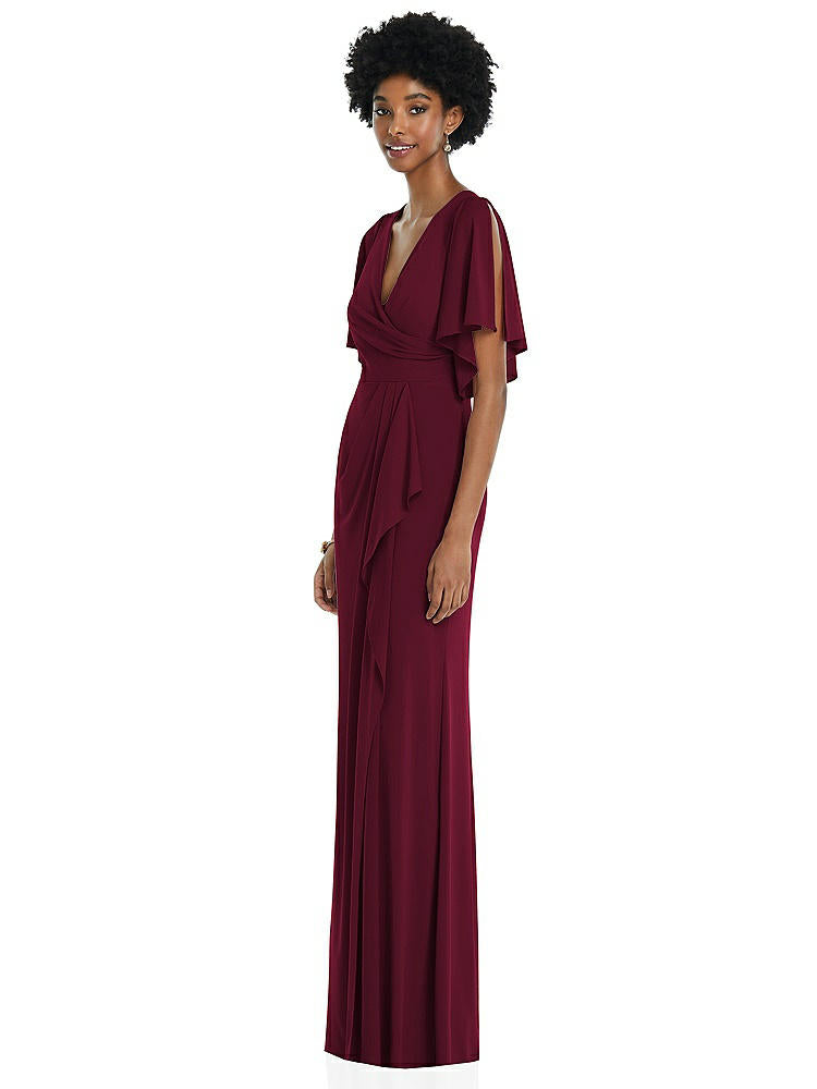 【NEW】【STYLE: 3107】フェイク ラップ スプリット スリーブ マキシ ドレス カスケード スカート【COLOR: Cabernet】【SIZE: 00-30W】