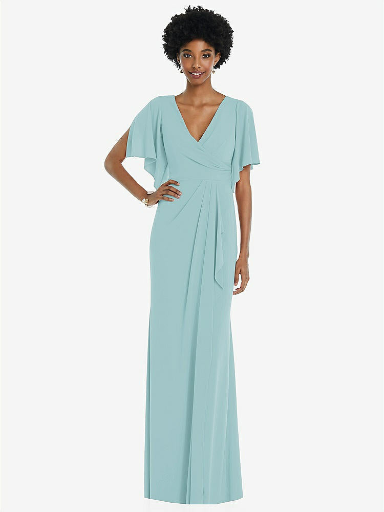 【NEW】【STYLE: 3107】フェイク ラップ スプリット スリーブ マキシ ドレス カスケード スカート【COLOR: Canal Blue】【SIZE: 00-30W】