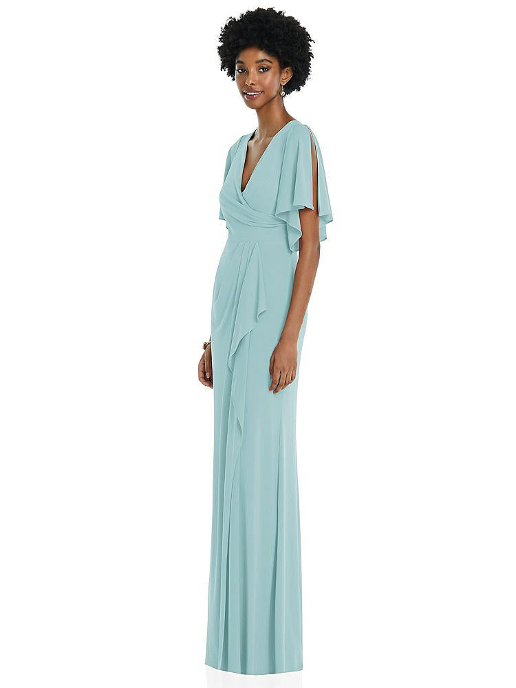【NEW】【STYLE: 3107】フェイク ラップ スプリット スリーブ マキシ ドレス カスケード スカート【COLOR: Canal Blue】【SIZE: 00-30W】