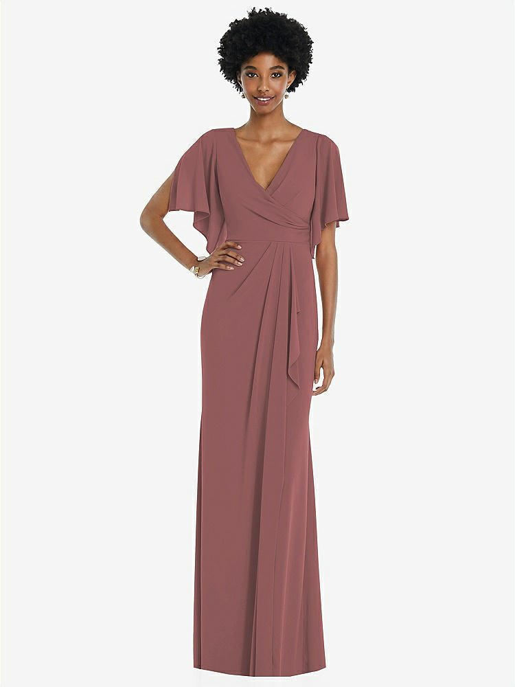 【NEW】【STYLE: 3107】フェイク ラップ スプリット スリーブ マキシ ドレス カスケード スカート【COLOR: English Rose】【SIZE: 00-30W】