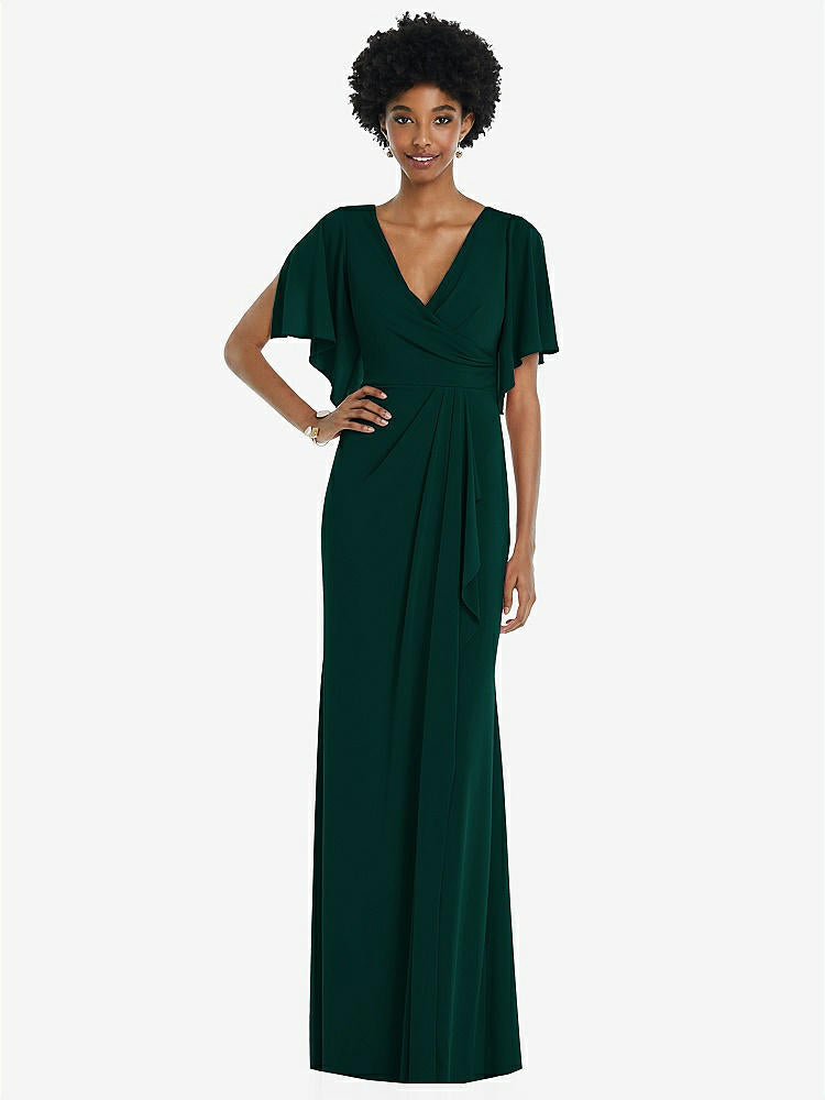 【NEW】【STYLE: 3107】フェイク ラップ スプリット スリーブ マキシ ドレス カスケード スカート【COLOR: Evergreen】【SIZE: 00-30W】