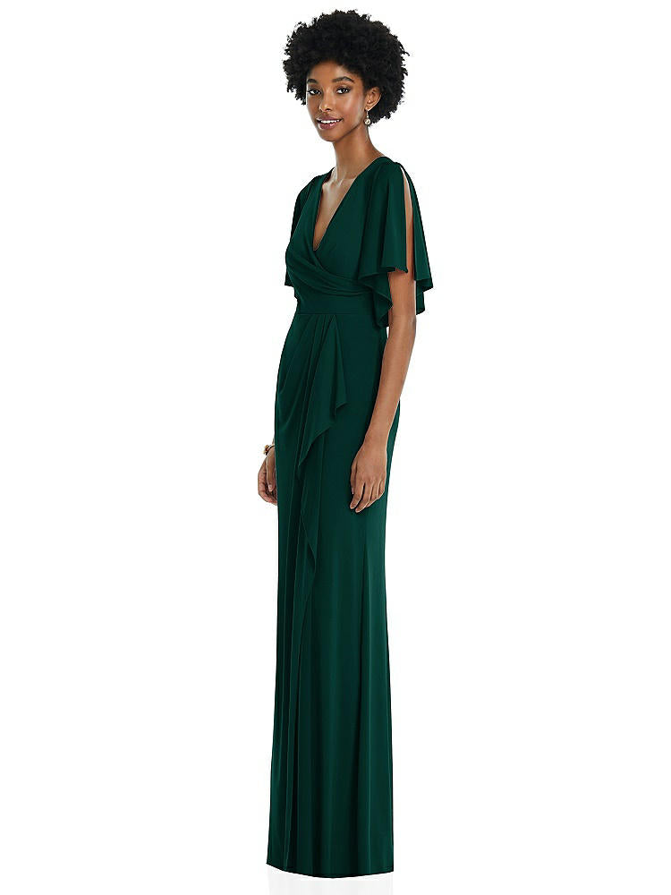 【NEW】【STYLE: 3107】フェイク ラップ スプリット スリーブ マキシ ドレス カスケード スカート【COLOR: Evergreen】【SIZE: 00-30W】
