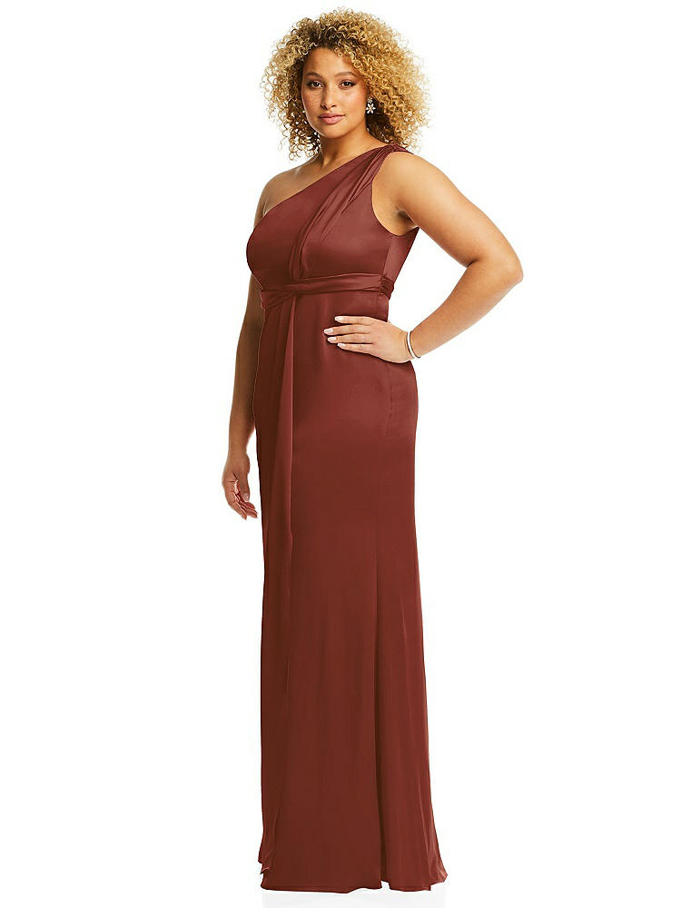 【STYLE: 3111】One-Shoulder Draped Twist Empire Waist Trumpet Gown【COLOR: Auburn Moon】