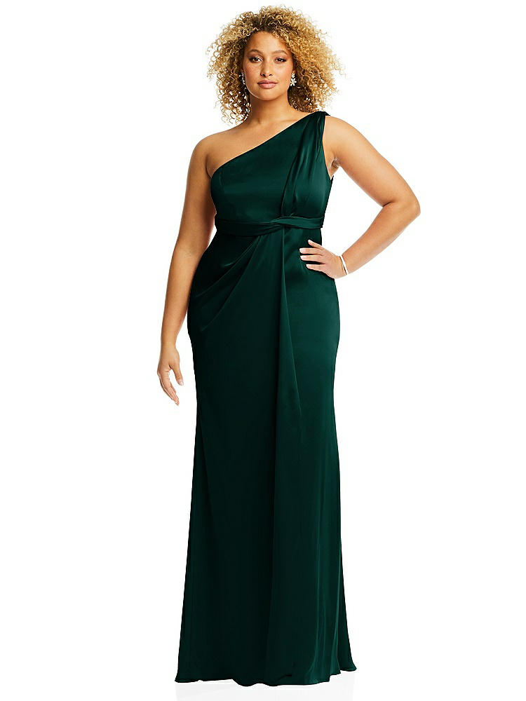 【STYLE: 3111】One-Shoulder Draped Twist Empire Waist Trumpet Gown【COLOR: Evergreen】