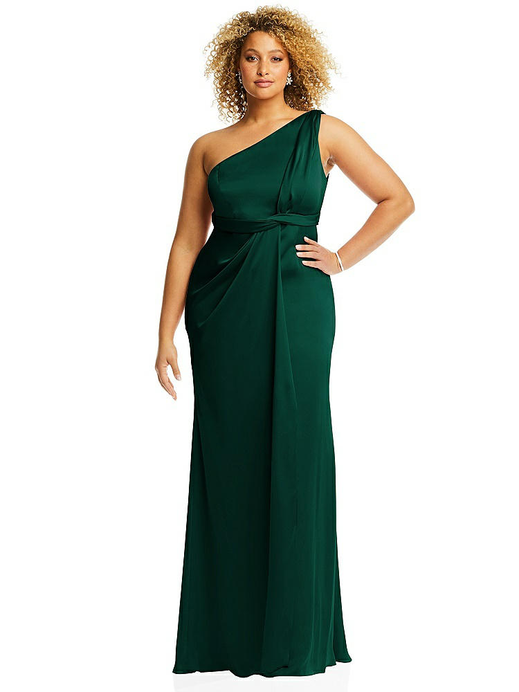 【STYLE: 3111】One-Shoulder Draped Twist Empire Waist Trumpet Gown【COLOR: Hunter Green】