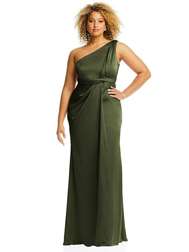 【STYLE: 3111】One-Shoulder Draped Twist Empire Waist Trumpet Gown【COLOR: Olive Green】
