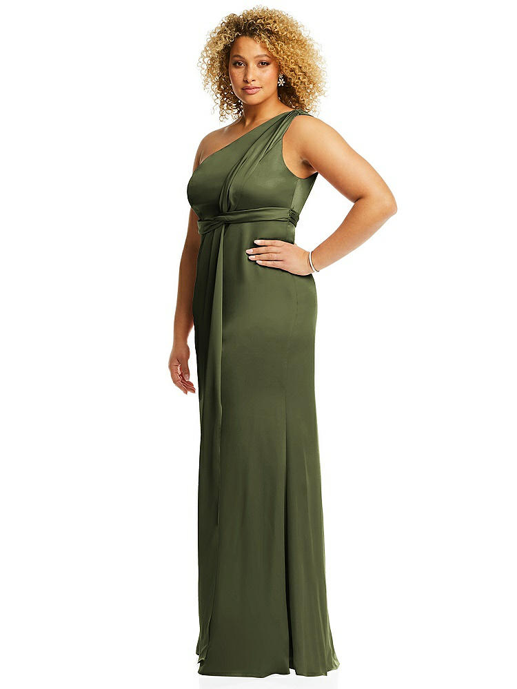 【STYLE: 3111】One-Shoulder Draped Twist Empire Waist Trumpet Gown【COLOR: Olive Green】