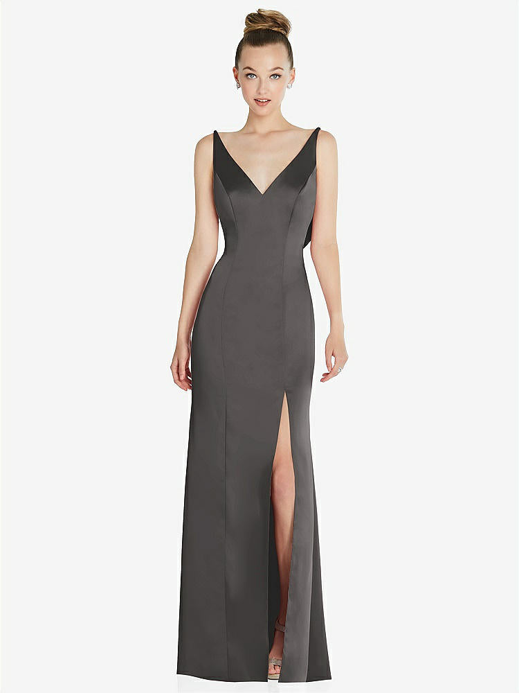 【STYLE: 6856】Draped Cowl-Back Princess Line Dress with Front Slit【COLOR: Caviar Gray】