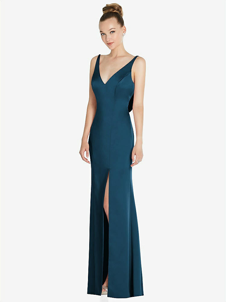 【STYLE: 6856】Draped Cowl-Back Princess Line Dress with Front Slit【COLOR: Atlantic Blue】