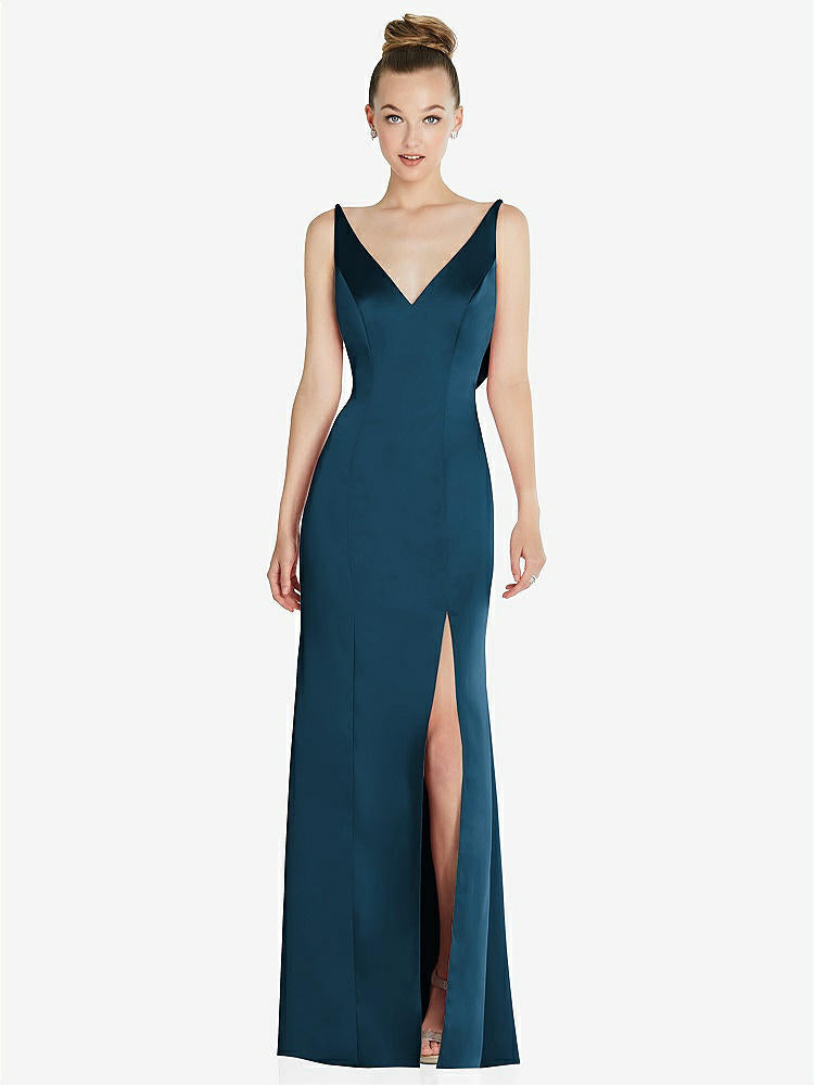 【STYLE: 6856】Draped Cowl-Back Princess Line Dress with Front Slit【COLOR: Atlantic Blue】