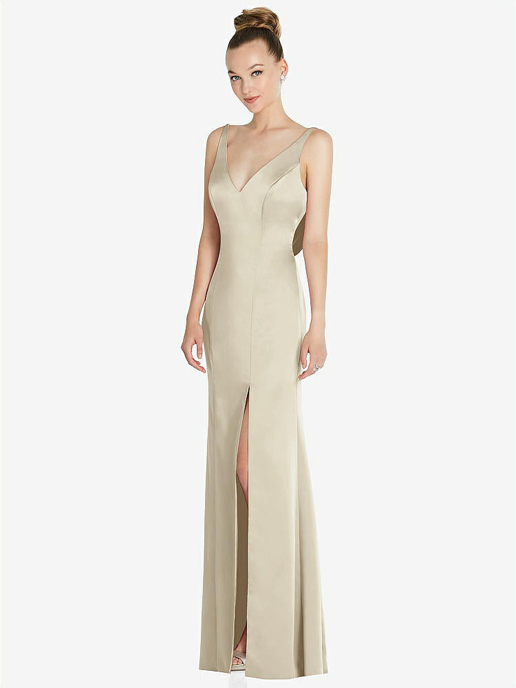 【STYLE: 6856】Draped Cowl-Back Princess Line Dress with Front Slit【COLOR: Champagne】