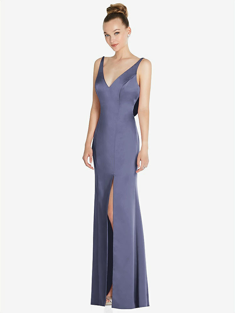 【STYLE: 6856】Draped Cowl-Back Princess Line Dress with Front Slit【COLOR: French Blue】