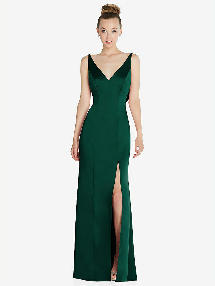 【STYLE: 6856】Draped Cowl-Back Princess Line Dress with Front Slit【COLOR: Hunter Green】