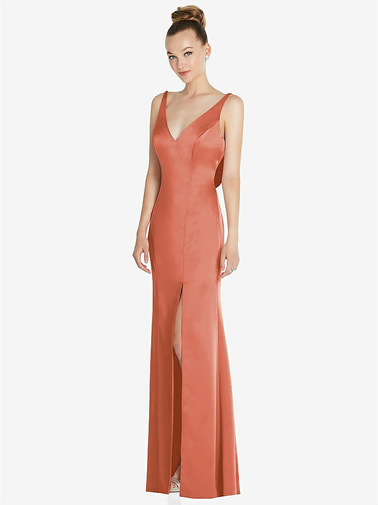 【STYLE: 6856】Draped Cowl-Back Princess Line Dress with Front Slit【COLOR: Terracotta Copper】