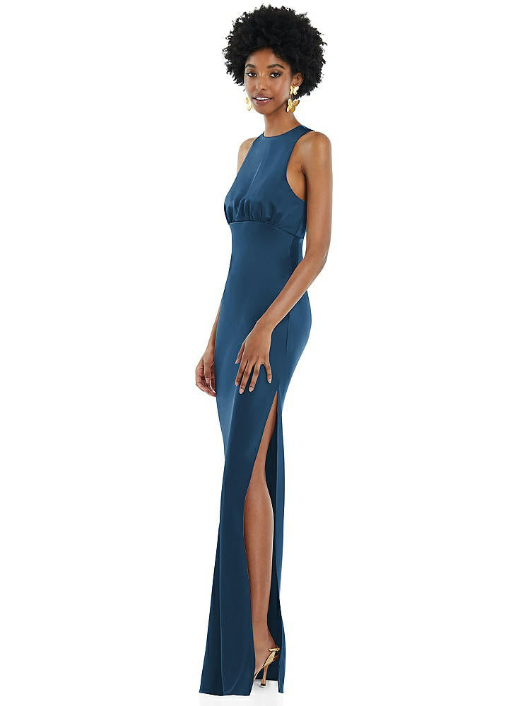 【STYLE: LB043】Jewel Neck Sleeveless Maxi Dress with Bias Skirt【COLOR: Dusk Blue】