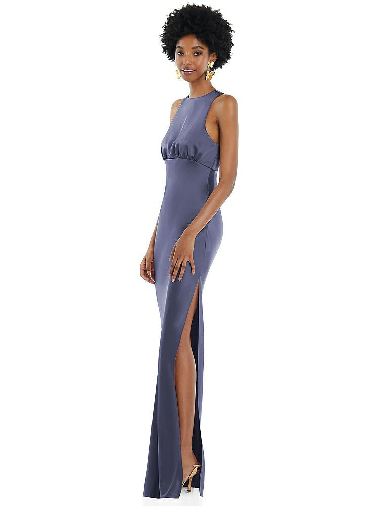 【STYLE: LB043】Jewel Neck Sleeveless Maxi Dress with Bias Skirt【COLOR: French Blue】