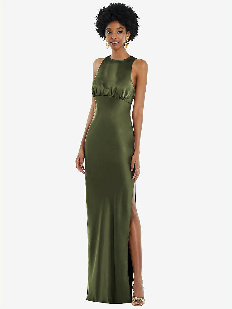 【STYLE: LB043】Jewel Neck Sleeveless Maxi Dress with Bias Skirt【COLOR: Olive Green】