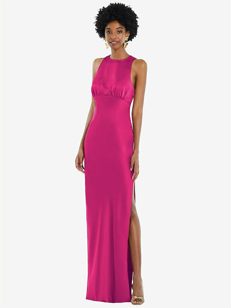 【STYLE: LB043】Jewel Neck Sleeveless Maxi Dress with Bias Skirt【COLOR: Think Pink】
