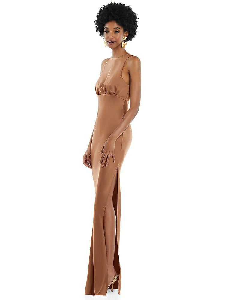 【STYLE: LB043】Jewel Neck Sleeveless Maxi Dress with Bias Skirt【COLOR: Toffee】