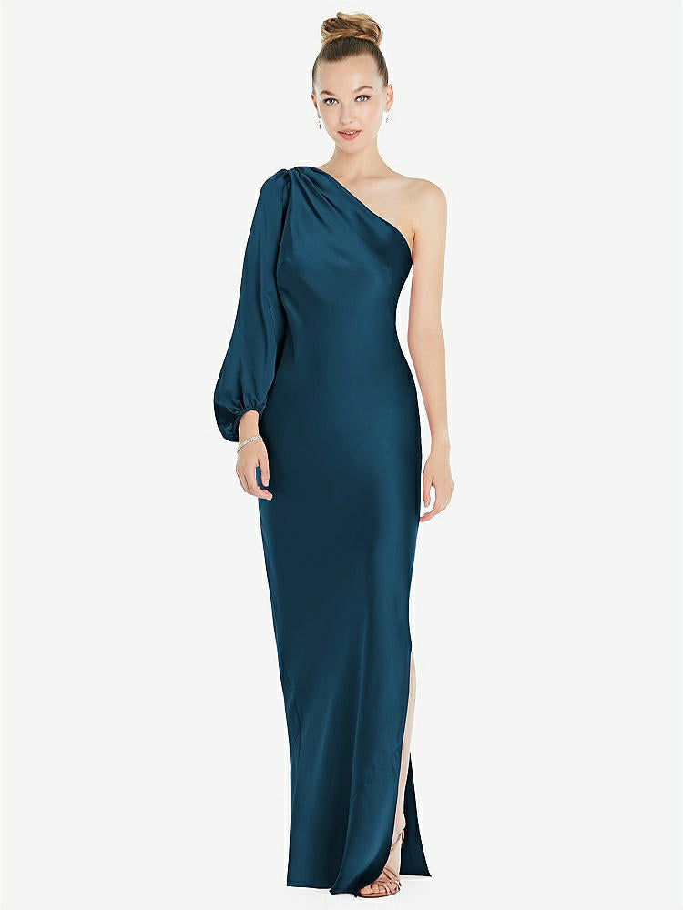 【STYLE: 8216】One-Shoulder Puff Sleeve Maxi Bias Dress with Side Slit【COLOR: Atlantic Blue】